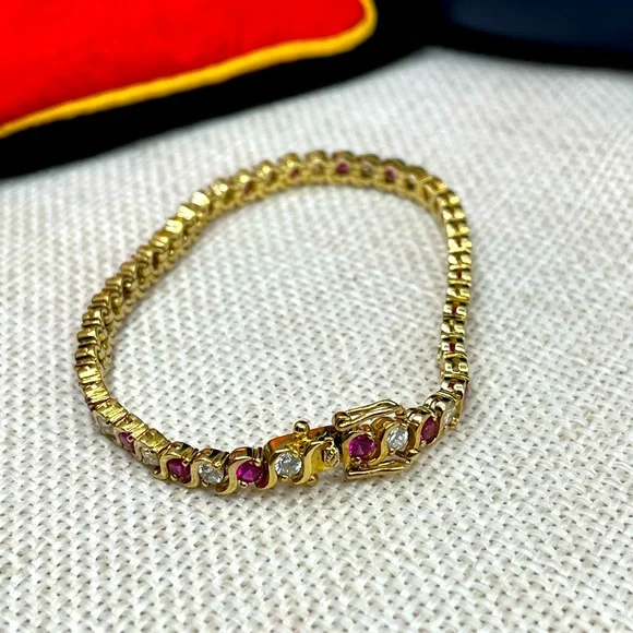 Vintage Gold Over 925 Sterling Silver Ruby & CZ Tennis Bracelet - Picture 1 of 16